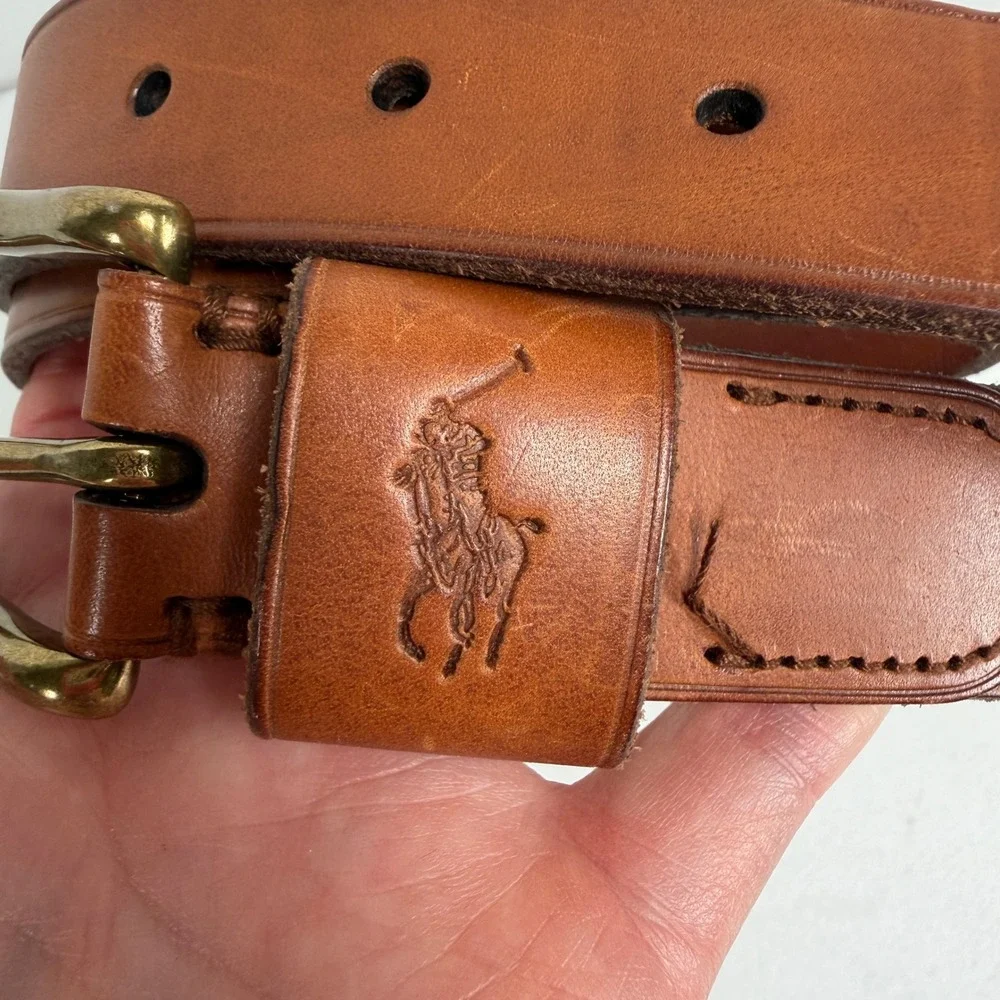 Polo Ralph Lauren 34 Belt Italian Leather Brass Buckle Logo Brown Rugged Preppy